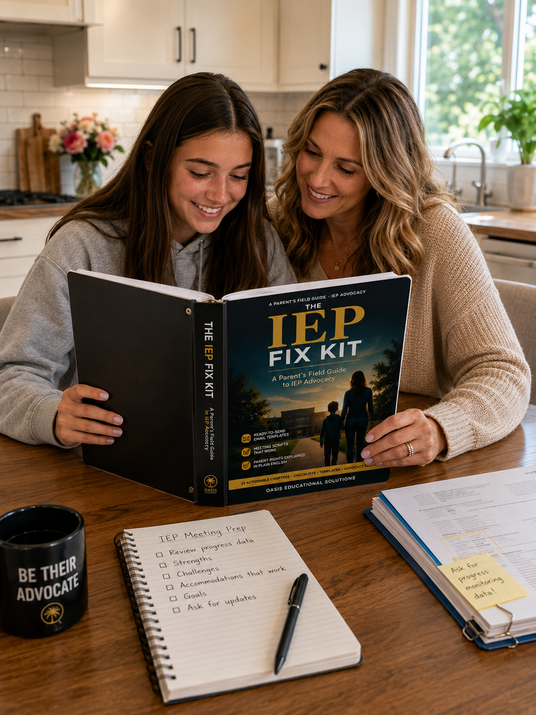 A mother and her teenage daughter reading The IEP Fix Kit together at the kitchen table