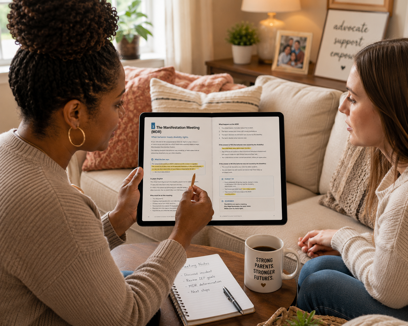 Two mothers reviewing the Manifestation Meeting chapter on a tablet
