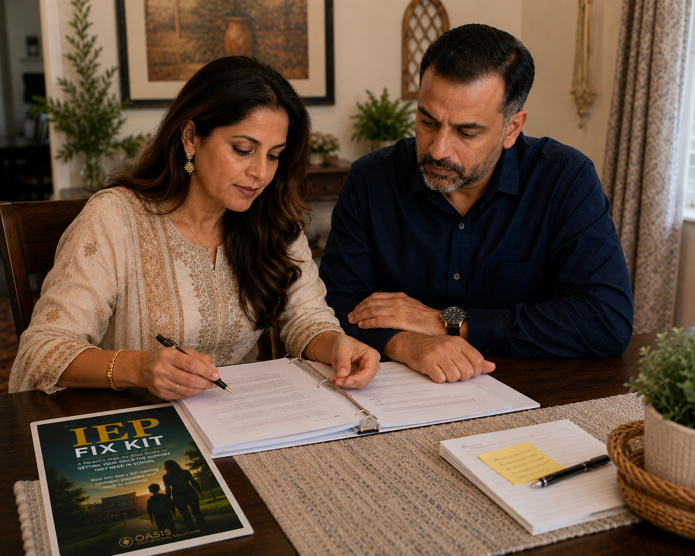 Parents reviewing their child's IEP binder at the dining table with The IEP Fix Kit