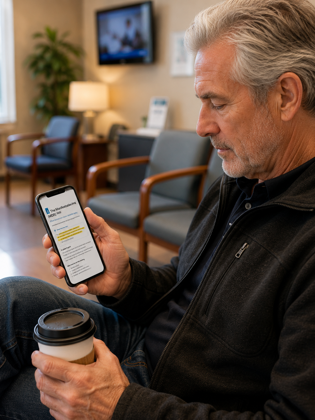 A father reading the MDR & Suspension Kit on his phone in a school waiting area