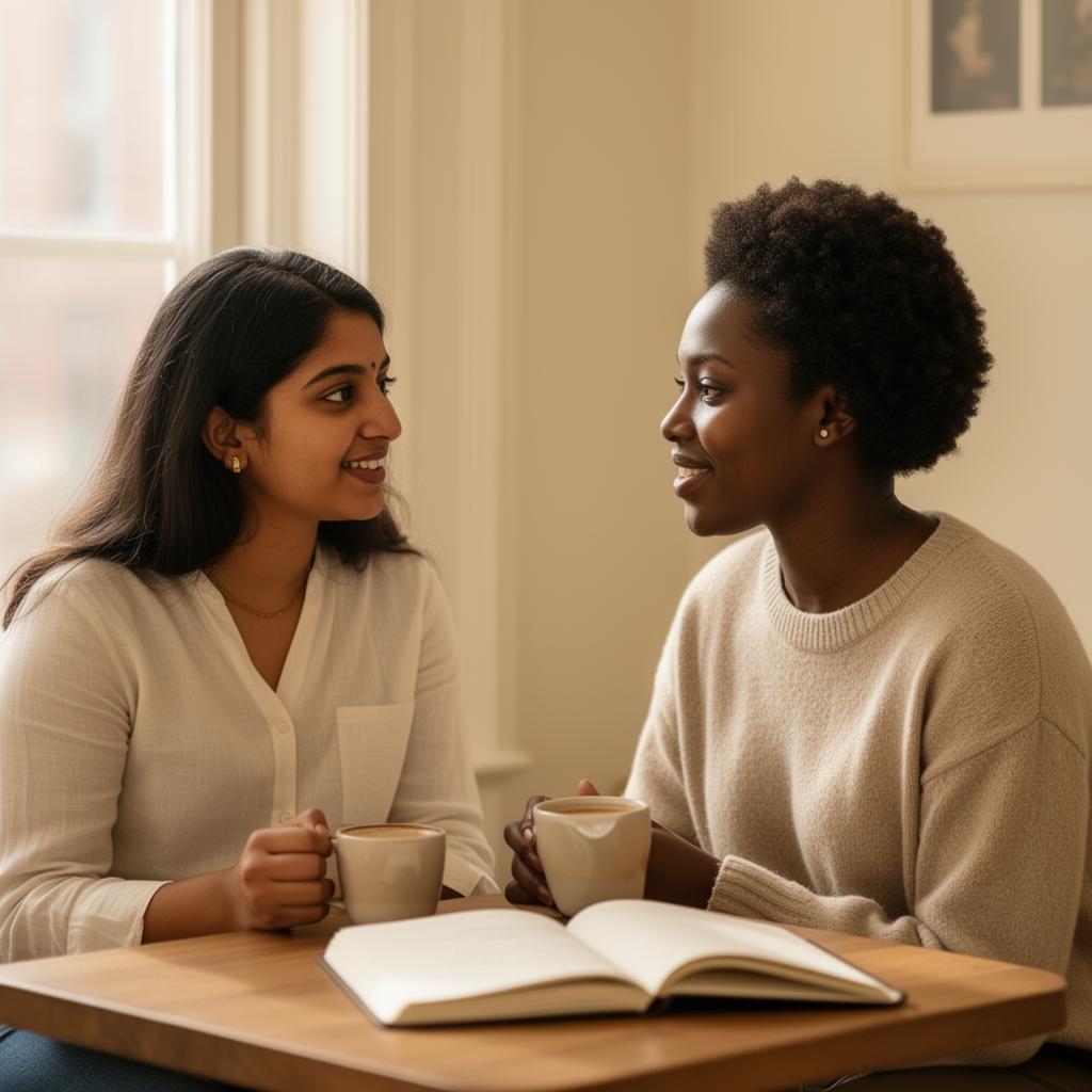 Two friends in conversation over coffee and an open journal