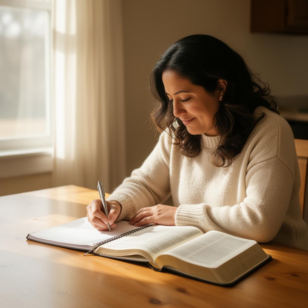 Woman journaling beside an open Bible in morning light