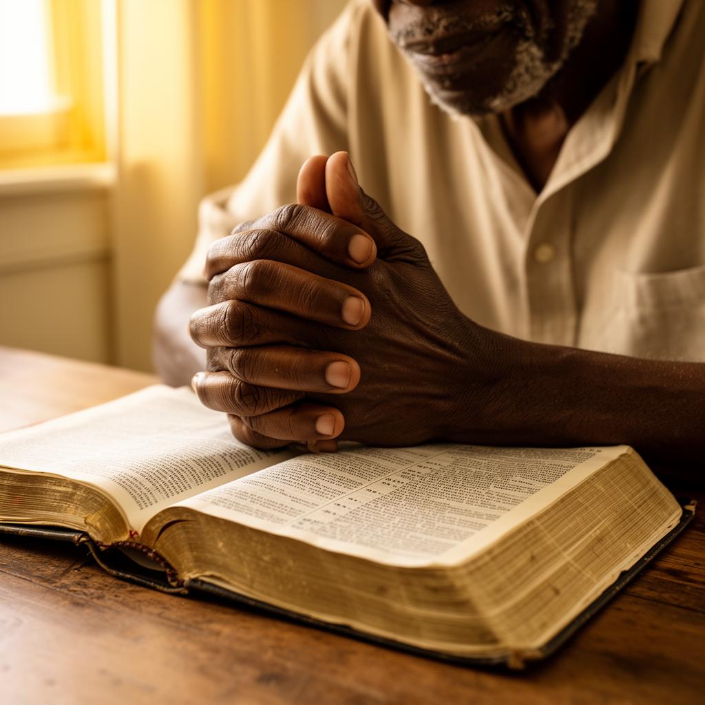 Hands folded in quiet prayer over an open Bible