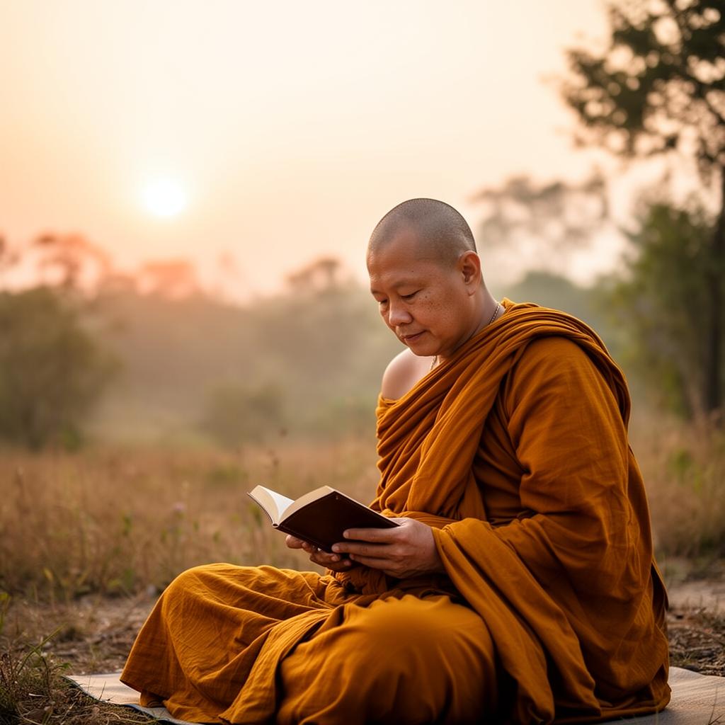 Man reading a Bible outdoors at sunrise