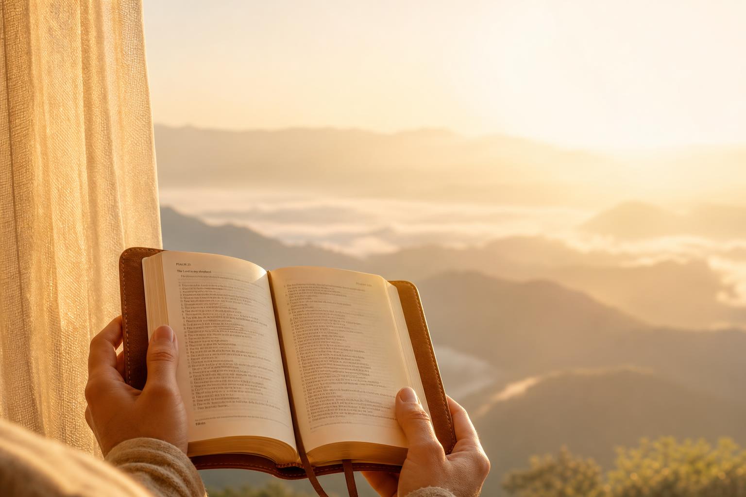 Open Bible held against sunrise mountains